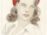 painting of a woman in a red beret and a white shirt