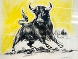 dessin représentant un taureau courant dans un champ, avec un ciel jaune en arrière-plan