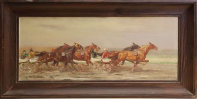 painting of a group of horses running on a beach