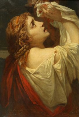 un tableau représentant une femme tenant une colombe au-dessus de sa tête