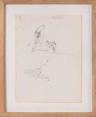 drawing of a woman sitting on a horse and a man standing next to her
