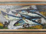 an oil painting of a group of fish in a gold frame