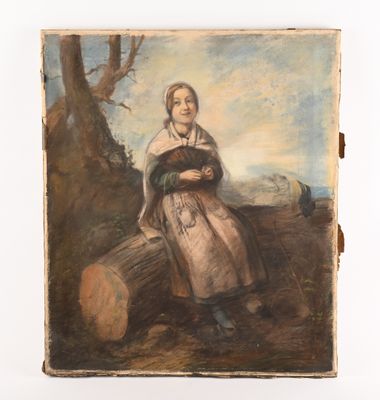 un vieux tableau représentant une femme assise sur une bûche dans un champ