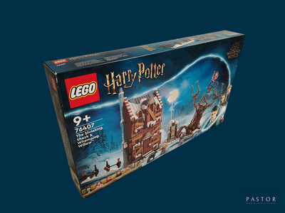 une boîte de Lego représentant la maison d'Harry Potter sur fond bleu