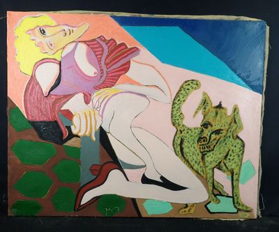 a painting of a woman and a cat on a table