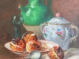 a painting of a table with a plate of food and a teapot