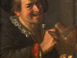 an old painting of a man holding a jug and smiling