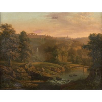 peinture d'un paysage avec une rivière et un château au loin
