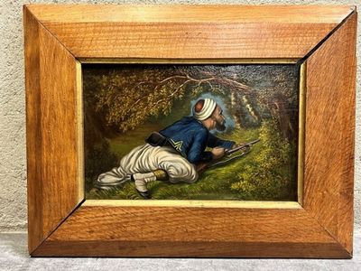 an oil painting of a man kneeling on the ground next to a tree