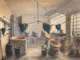 une peinture représentant une salle de bains avec un lavabo et une baignoire