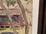an image of a painting of a house and trees in front of it