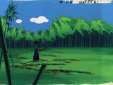 scène de dessin animé représentant une femme debout dans un champ, tenant une perche en bambou