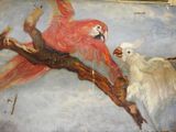 a painting of two birds on a branch with a bird in the foreground