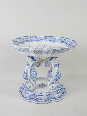 blue and white porcelain pedestal bowl with two birds on it