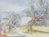 a picture of a painting of a tree in a field