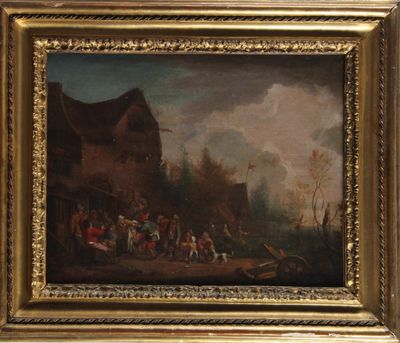 une peinture à l'huile représentant une scène de village avec des personnes devant une maison
