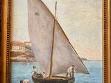 un tableau représentant un voilier sur l'eau avec des personnes à bord