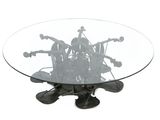 a glass table with a bunch of musical instruments on it