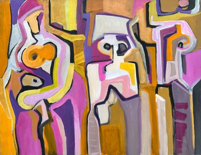 peinture abstraite représentant un groupe de personnes avec un chien et un chat