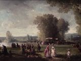 tableau représentant un groupe de personnes dans un parc au bord d'un lac