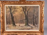 une image représentant un tableau d'un cerf dans une forêt enneigée
