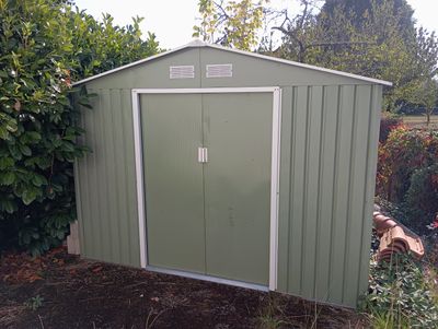 a green shed with a white door in the yard