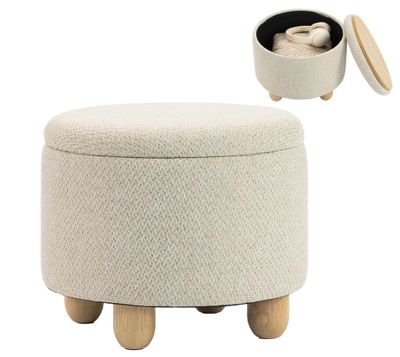 un pouf blanc avec des pieds en bois et un couvercle