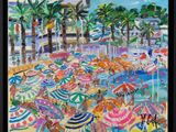 a painting of a beach scene with umbrellas and palm trees