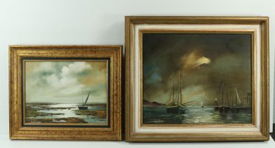 two framed paintings of ships on a shelf next to a vase