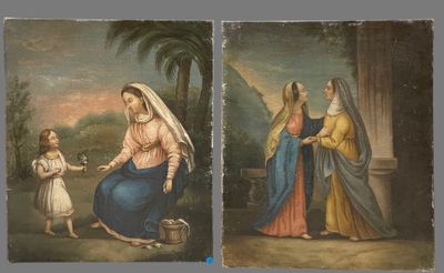 two paintings of a woman and child with a bird in a landscape