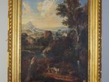 une peinture à l'huile représentant un paysage avec un homme et un chien