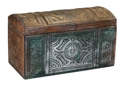a wooden chest with a decorative design on the front