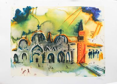 une aquarelle représentant un bâtiment avec une tour horloge