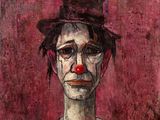 painting of a clown with a top hat and a red nose