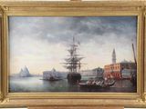 tableau représentant une vue d'un port avec des bateaux et des bâtiments en arrière-plan