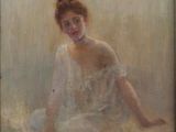 an oil painting of a woman in a white dress sitting on a bed