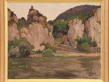 une peinture à l'huile représentant un paysage de montagne avec une rivière au premier plan