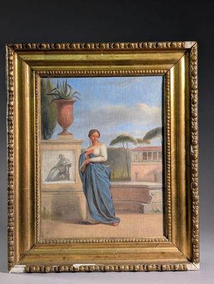 un vieux tableau représentant une femme en robe bleue debout devant une plante en pot