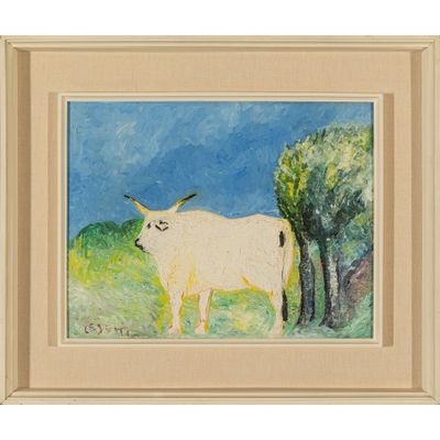 une peinture à l'huile représentant une vache blanche debout dans un champ