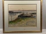 framed watercolor painting of a boat on the beach