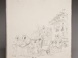 an old drawing of a horse drawn carriage in front of a building