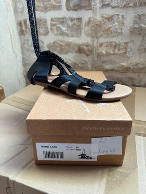 black sandals on a cardboard box on top of a cardboard box