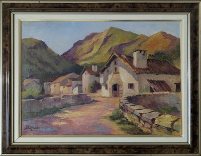 an oil painting of a village in the mountains by a river