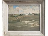 an oil painting of a landscape with a dirt road in the foreground