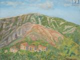 painting of a view of a mountain with a village in the foreground