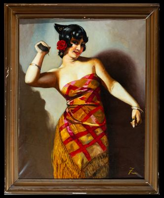 une image d'un tableau représentant une femme en robe rouge
