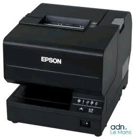 a black printer sitting on top of a white counter top