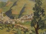 an image of a painting of a village in the mountains
