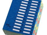 a close up of a stack of blue binders on a white background