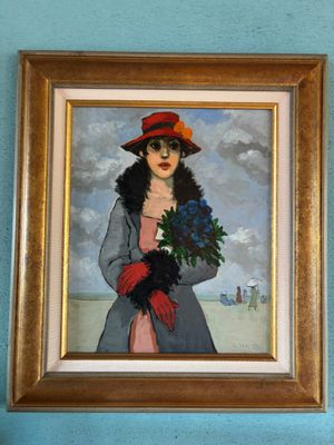 a painting of a woman holding a bouquet of flowers on the wall